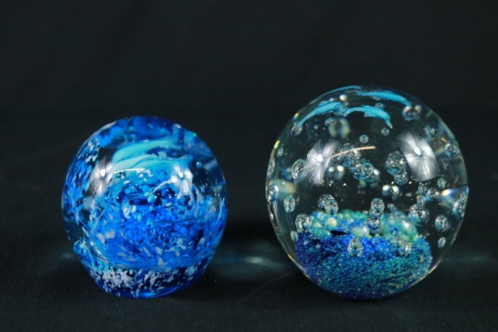 2 Glass Paper Weights With Dolphins Inside