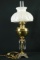 Brass Lamp With Crystal Prisms & Glass Shade And Globe