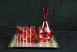Ruby Etched Glass Sake Set On Mirrored Tray