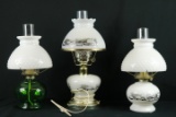 1 Converted Oil Lamp & 2 Oil Lamps With Glass Shades
