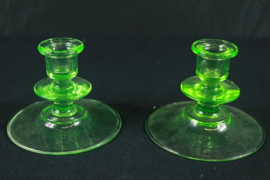 Green Depression Glass Pair Of Candle Sticks