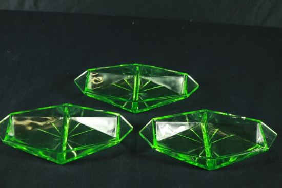 3 Green Depression Glass Divided Trays