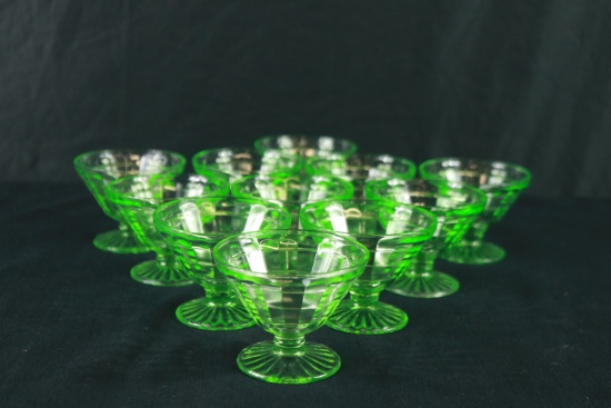 11 Green Depression Glass Dessert Bowls