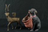 Brass Deer Candle Holder & Brass Dog With Basket