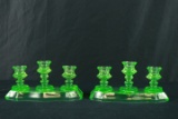 Pair Of Green Depression Glass Candleabras