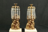 Pair Of Brass Candle Sticks With Prisms & Marble Bases