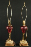 Pair Of Etched Glass Cranberry Lamps With Brass & Marble Base