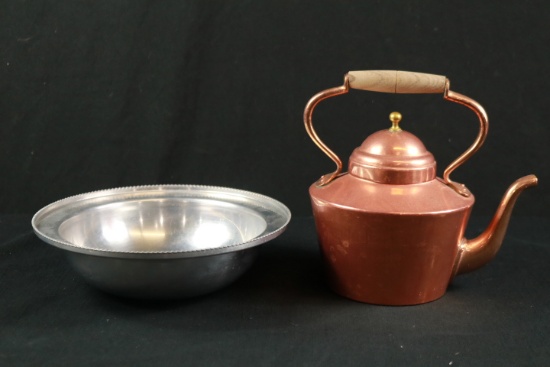 Copper Teapot & Silver Plated Bowl