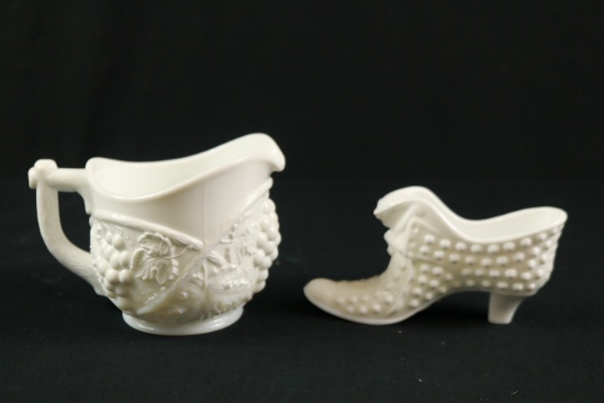 Milk Glass Pitcher & Fenton Milk Glass Boot