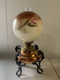 Hurricane Lamp with Painted Globe, Copper & Iron Base