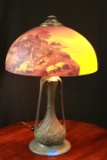 1920's Reverse Painted Lamp With Metal Base