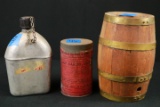 Tin Baking Powder Can, Antique Canteen, & Mini Barrel