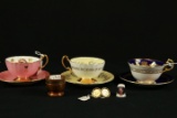 3 Cups & Saucers, Set Of Cufflinks, & Fenton Thimble