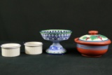 Reticulated Bowl, 2 Country Blue Dishes, & Covered Pottery Bowl