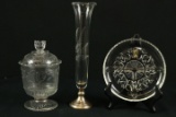 Sterling Silver & Glass Vase, Divided Tray, & Covered Bowl