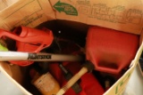 Box of Gas Cans, Hedgetrimmer, Paint Sticks