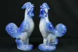 Pair of Blue Ware Roosters