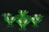 7 Green Depression Glass Plates & 6 Green Depression Glass Dessert Cups