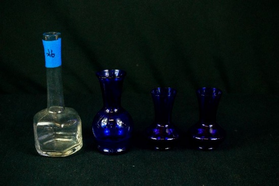 3 Cobalt Vases & Clear Vase