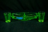 Green Depression Glass Divided Tray & 2 Shot Glasses