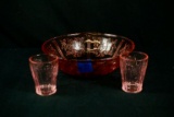 3 Pieces of Cabbage Rose Pink Deoression Glasses & Bowl