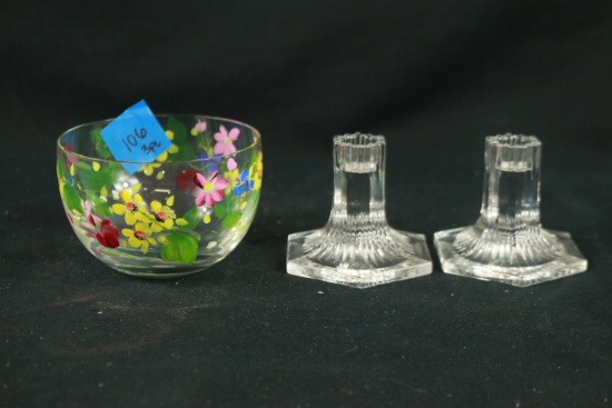 Cottage Borne Handpainted Bowl & 2 Glass Candlesticks