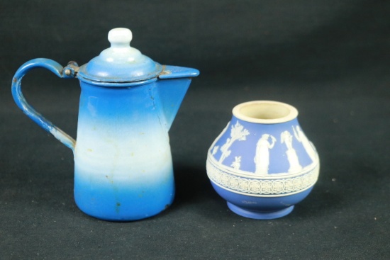 Enamelware Pitcher & Wedgwood Piece