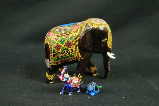 2 Wooden Elephant Figurines & Turtle