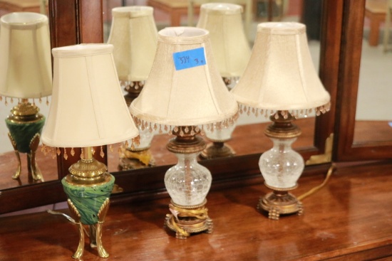2 Crackle Glass Lamps & Brass/Marble Lamp