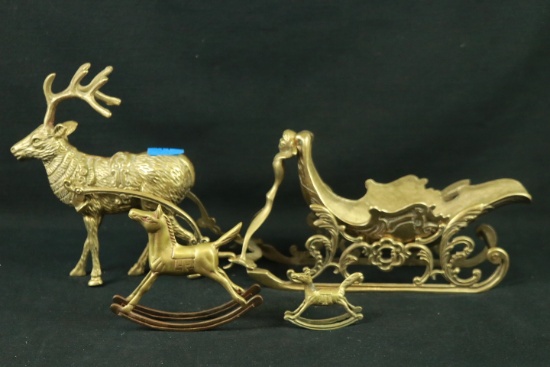 Brass Reindeer & Sleigh With 2 Brass Horses