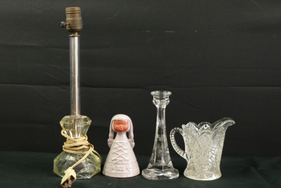 Glass Pitcher, Lamp, Candlestick, & Figurine