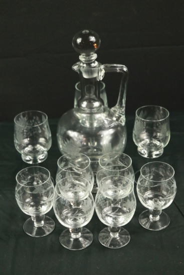 Etched Glass Decanter & 9 Glasses