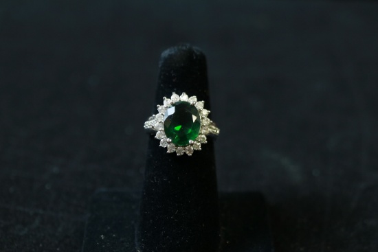 Sterling Silver Ring With Lab Emerald And CZ's