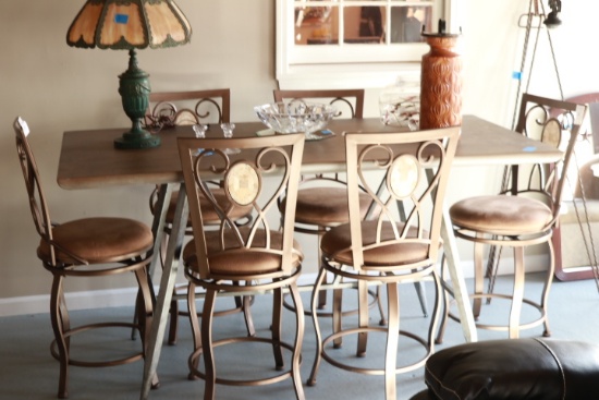 Wood Top Dining Table On Metal Frame With 6 Chairs