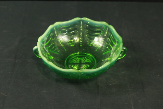 Vaseline Glass Antique Handled Bowl