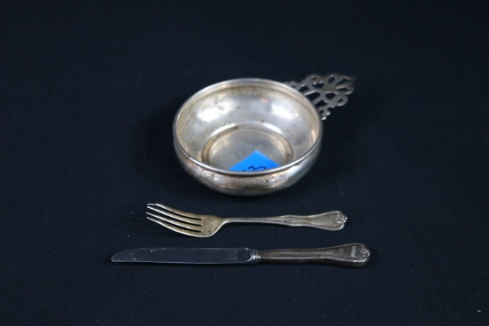 Sterling Silver Knife, Spoon & Handled Bowl