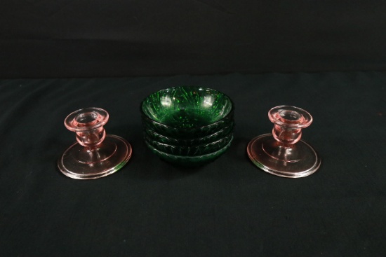 Pair of Pink Depression Candle Holders & 4 Green Bowls
