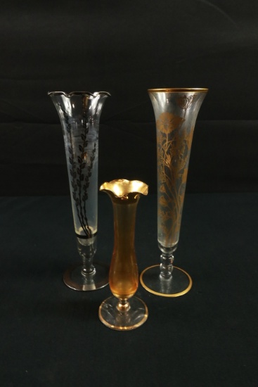 3 Glass Decorated Vases