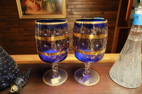 Pair of Blue Goblets with Gold Wash Accents