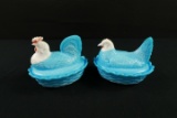 Pair of Blue Custard Glass Hen & Rooster