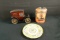 Jewel Company Whiskey Bottle, Uncle Bens Rice Bucket & Plate