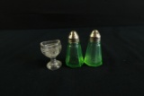 Pair of Green Depression Salt & Peppers & Eye Washer