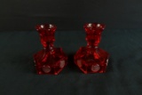 Pair of Ruby Coin Dot Glass Candlesticks