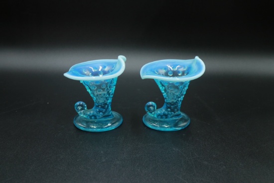 Pair Blue Hobnail Cornucopia Vases