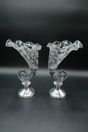 Pair Cambridge Cornucopia Crystal Vases w/Sterling Base,  "Chantilly" Pattern