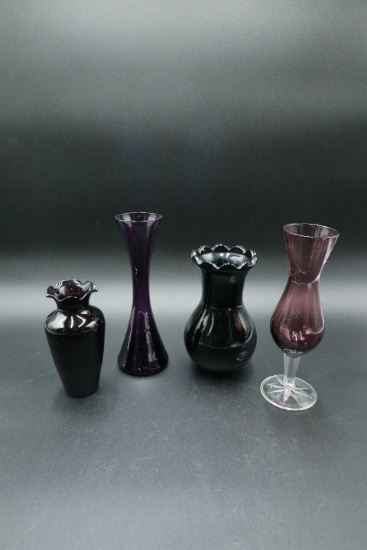 4 Amethyst Glass Vases
