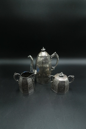 English Silver Plated Tea Pot with Sugar & Creamer