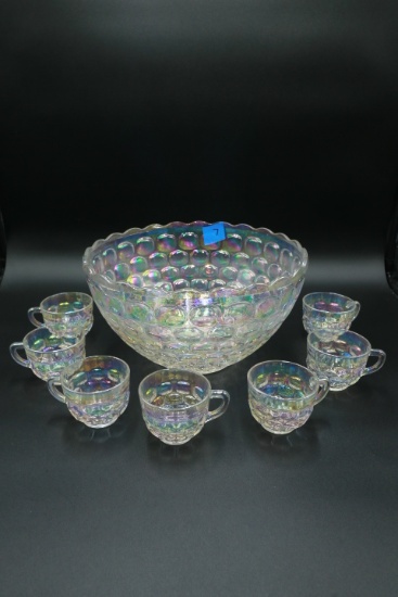 Iridescent Glass Punch Bowl with 7 Cups