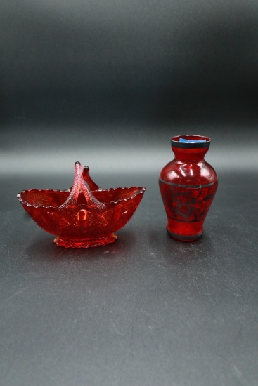 Ruby Glass with Silver Overlay  Vase & Fenton Basket