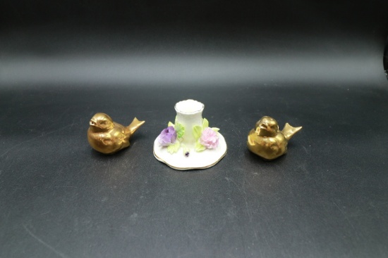Staffordshire Candlestick & Pair of Gold Wash Salt & Peppers